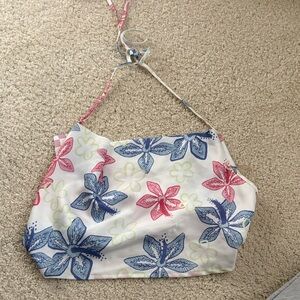 La Hearts White Halter Crop Top with Blue & Pink Floral Print